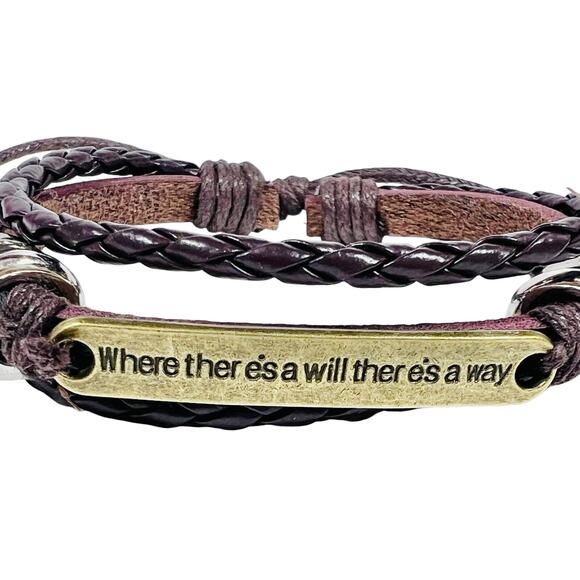 Where Ther es a Will Ther es a Way Bracelet Leather Gold Brown Inspirational New - Picture 3 of 5